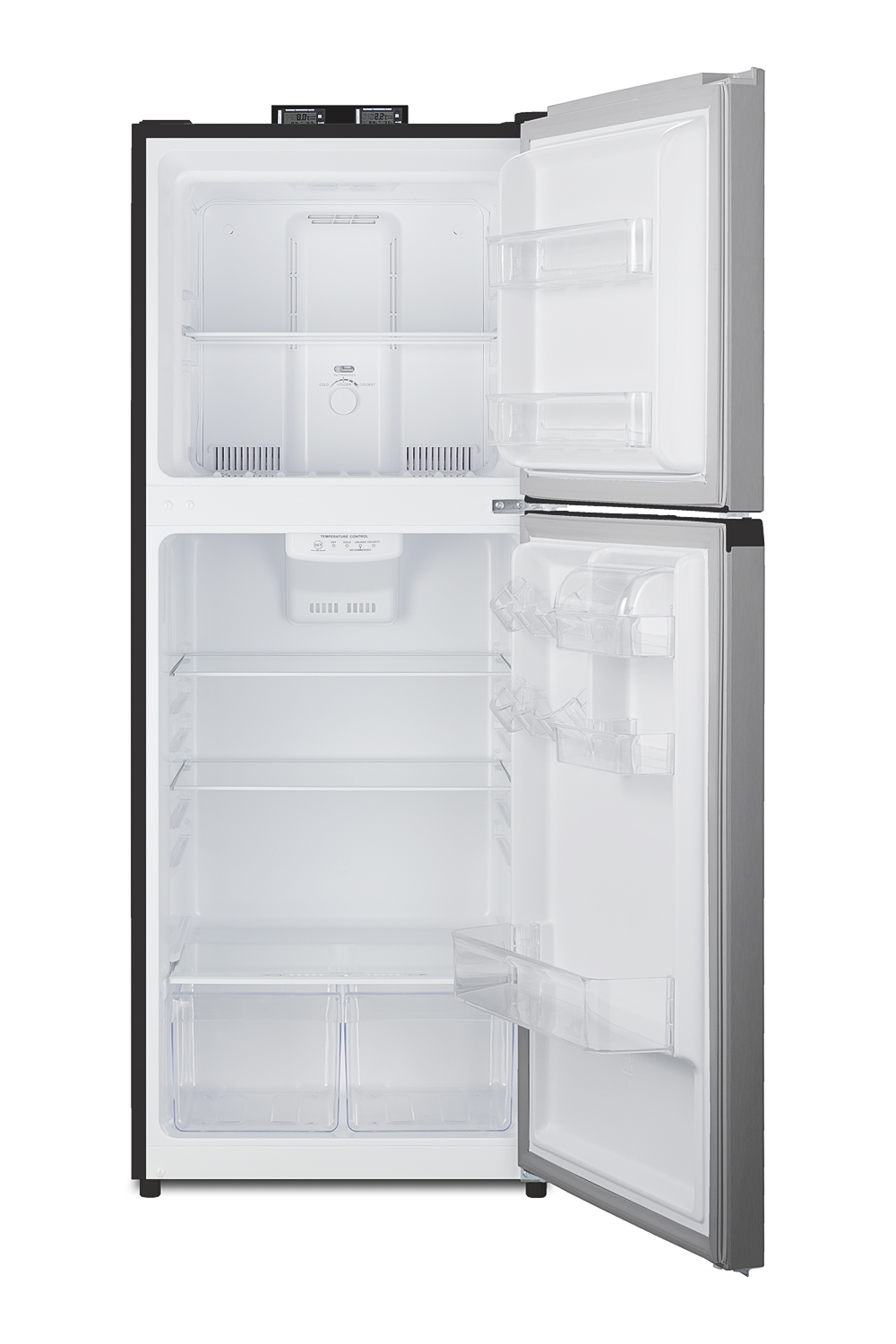 10.1 cu.ft. break room refrigerator-freezer with NIST calibrated alarm/thermometers, frost-free operation in a stainless steel look